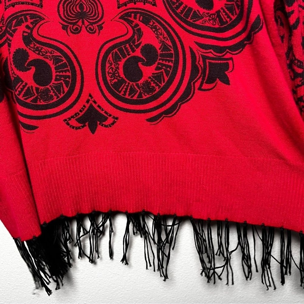 Desigual Women Sweater Medium Red Black Marylebone Fringed Cowl Neck Art Paisley - Picture 8 of 13